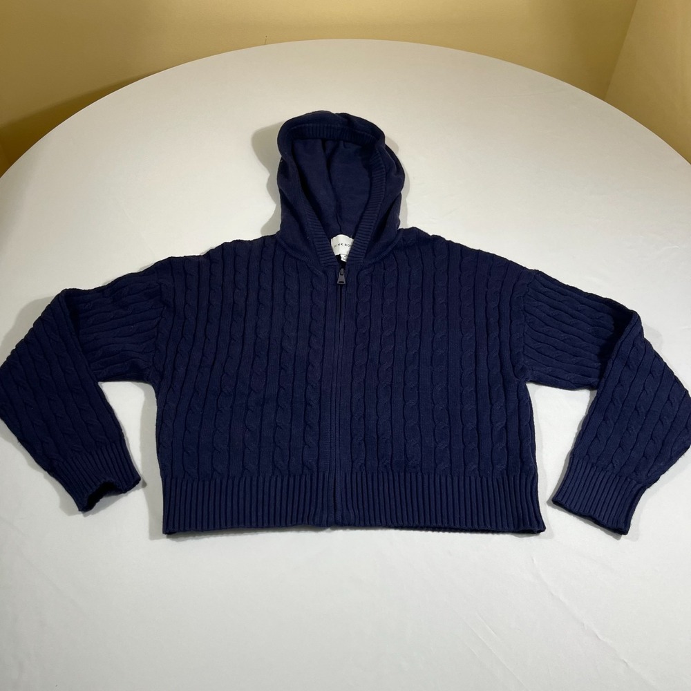 Pink Rose Navy Blue Cable Knit Full Zip Hoodie Sweater Women's Small Cropped